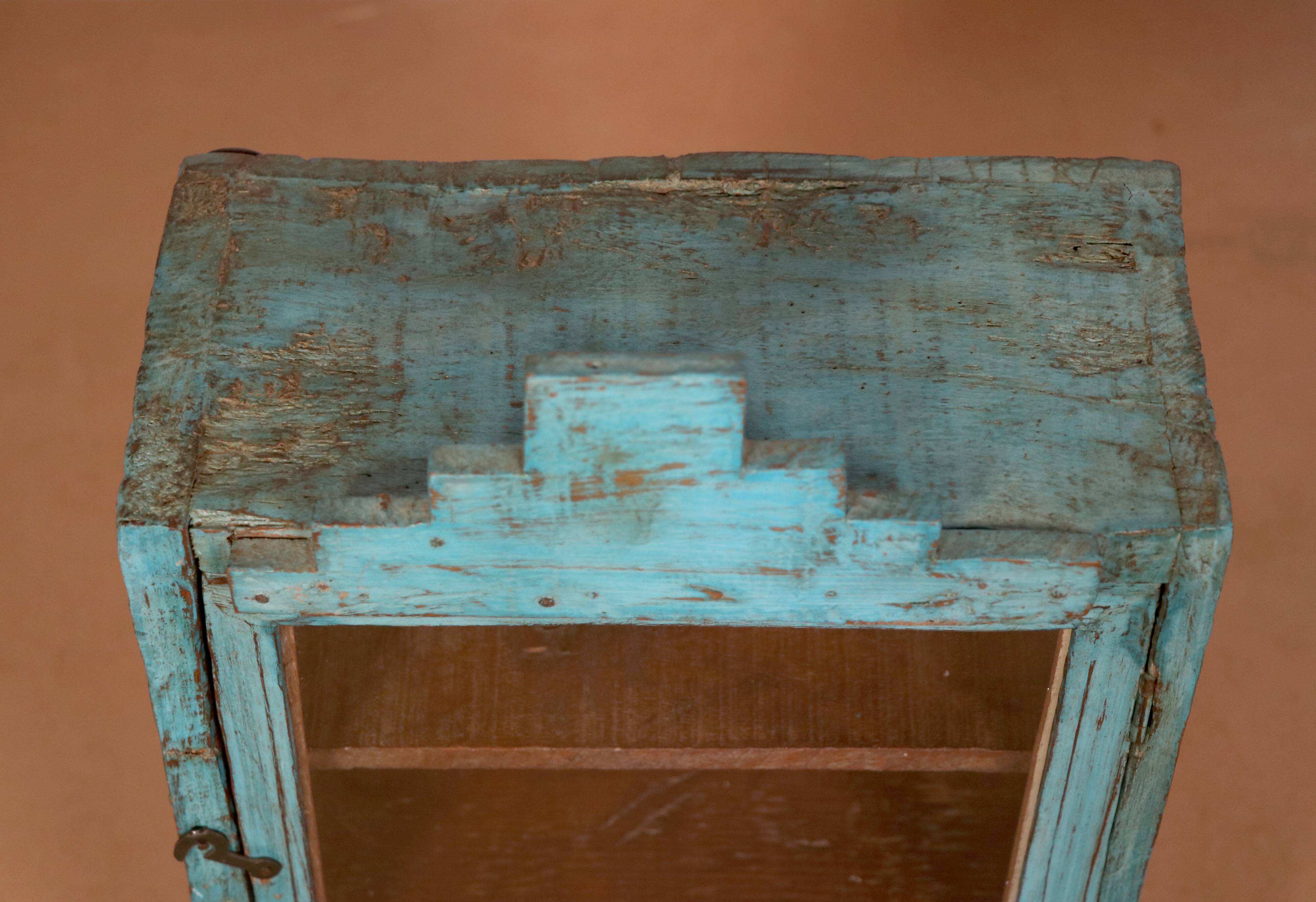 old Art Deco wall display case in original blue teak Burmese patina