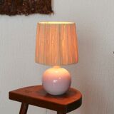 Pink ceramic lamp signed Duriez, raffia lampshade, 80s