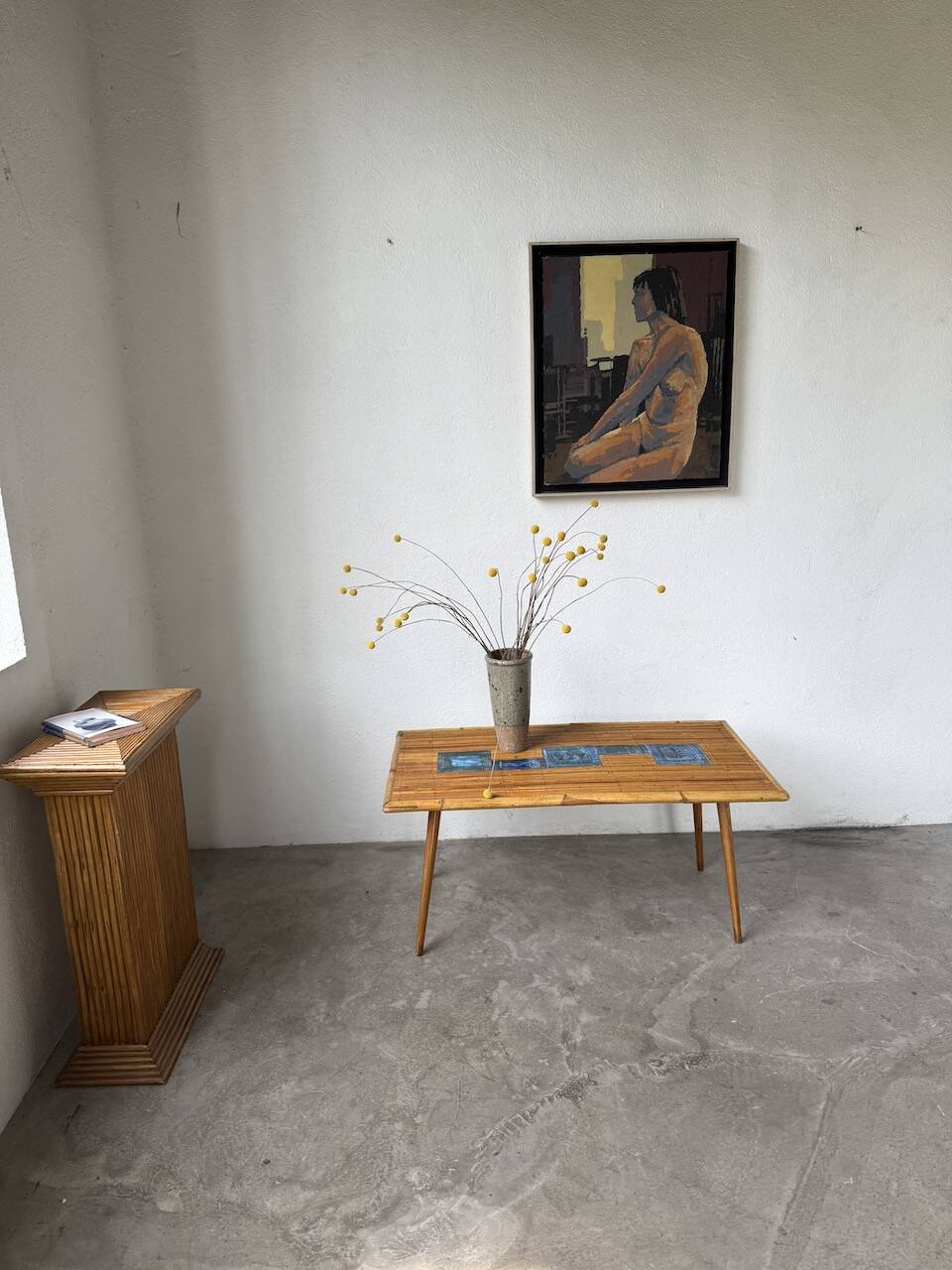 Rattan and ceramic coffee table, 60s