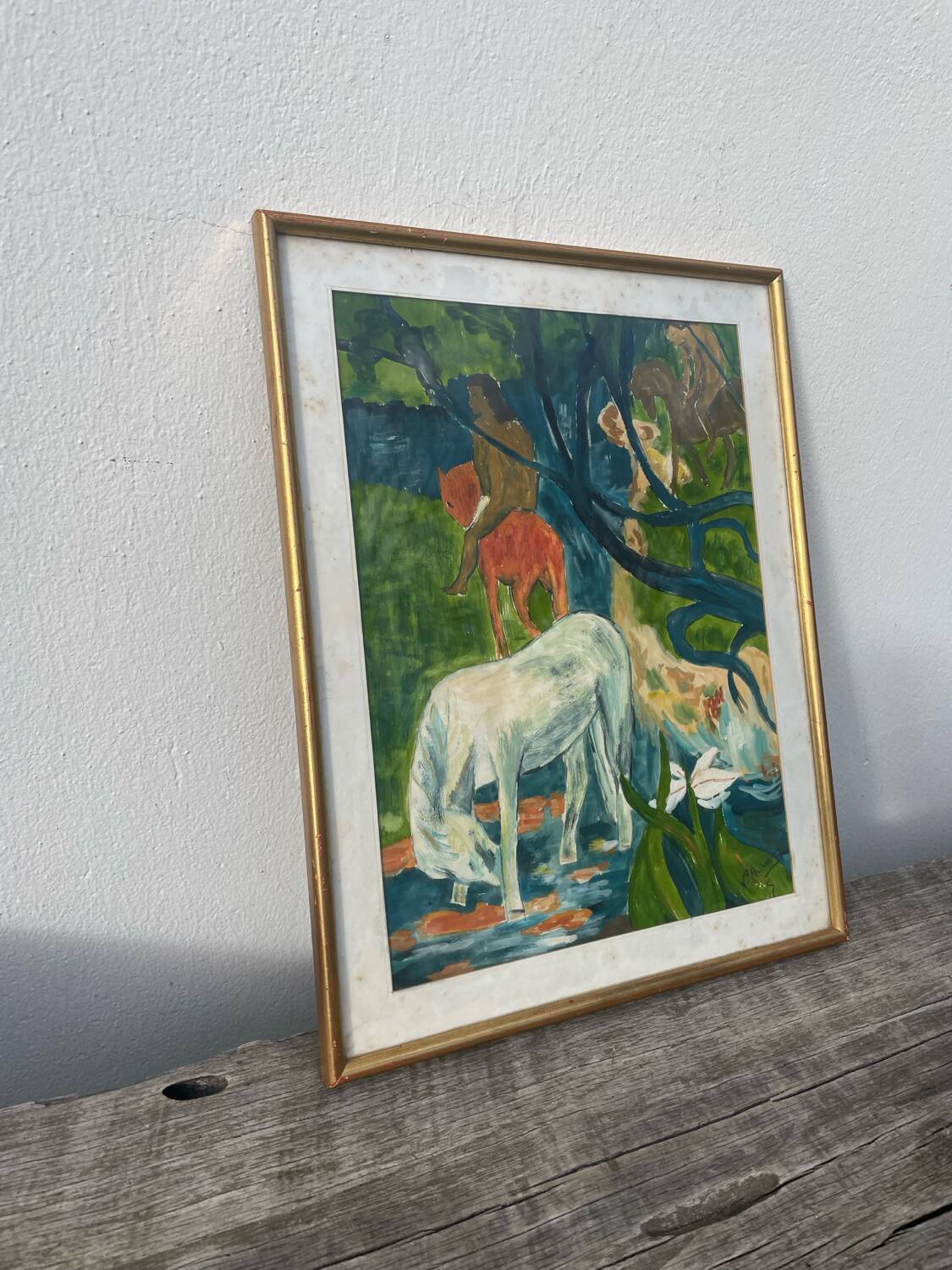 Gauguin style painting with gilded wooden frame