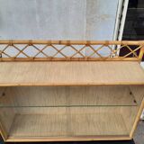Vintage rattan wall showcase shelf, 2 sliding windows.