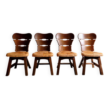 Set of 4 brutalist wooden chairs