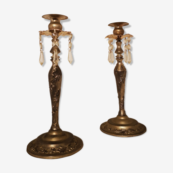 Set of 2 metal candlesticks with stamps