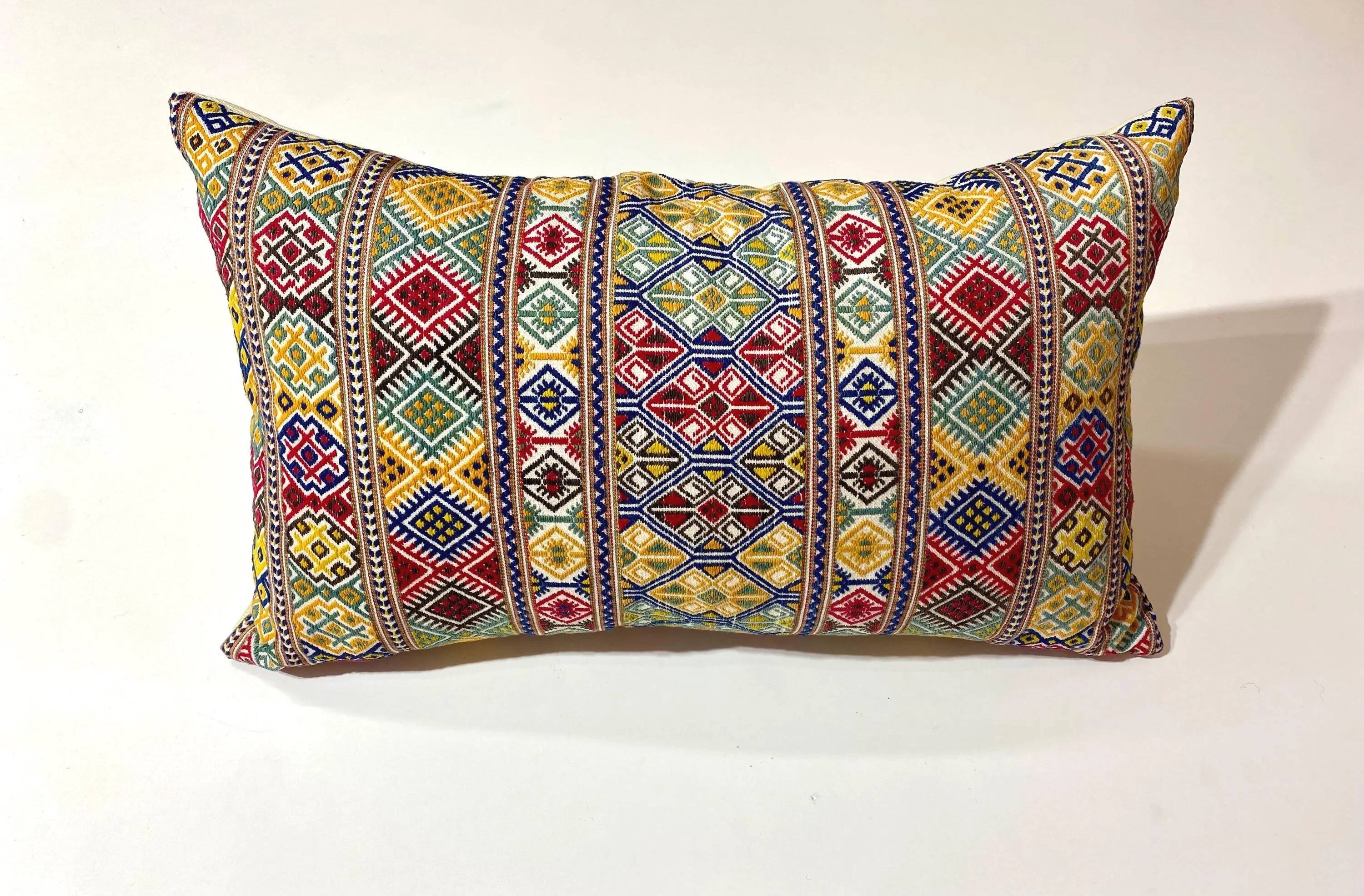 Cretan Greek Hand Embroidery Pillow Cover, 1970s Folk Art Textiles