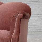 1950s, Danish 2-seater sofa, salmon pink furniture velour, oak wood legs.