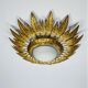 Spanish sunburst ceiling light – opaline glass & gilt iron foliage, 1960s