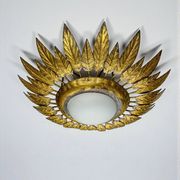 Spanish sunburst ceiling light – opaline glass & gilt iron foliage, 1960s