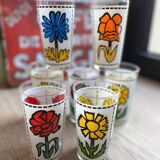 Set of 7 vintage enameled and screen-printed glasses 60/70