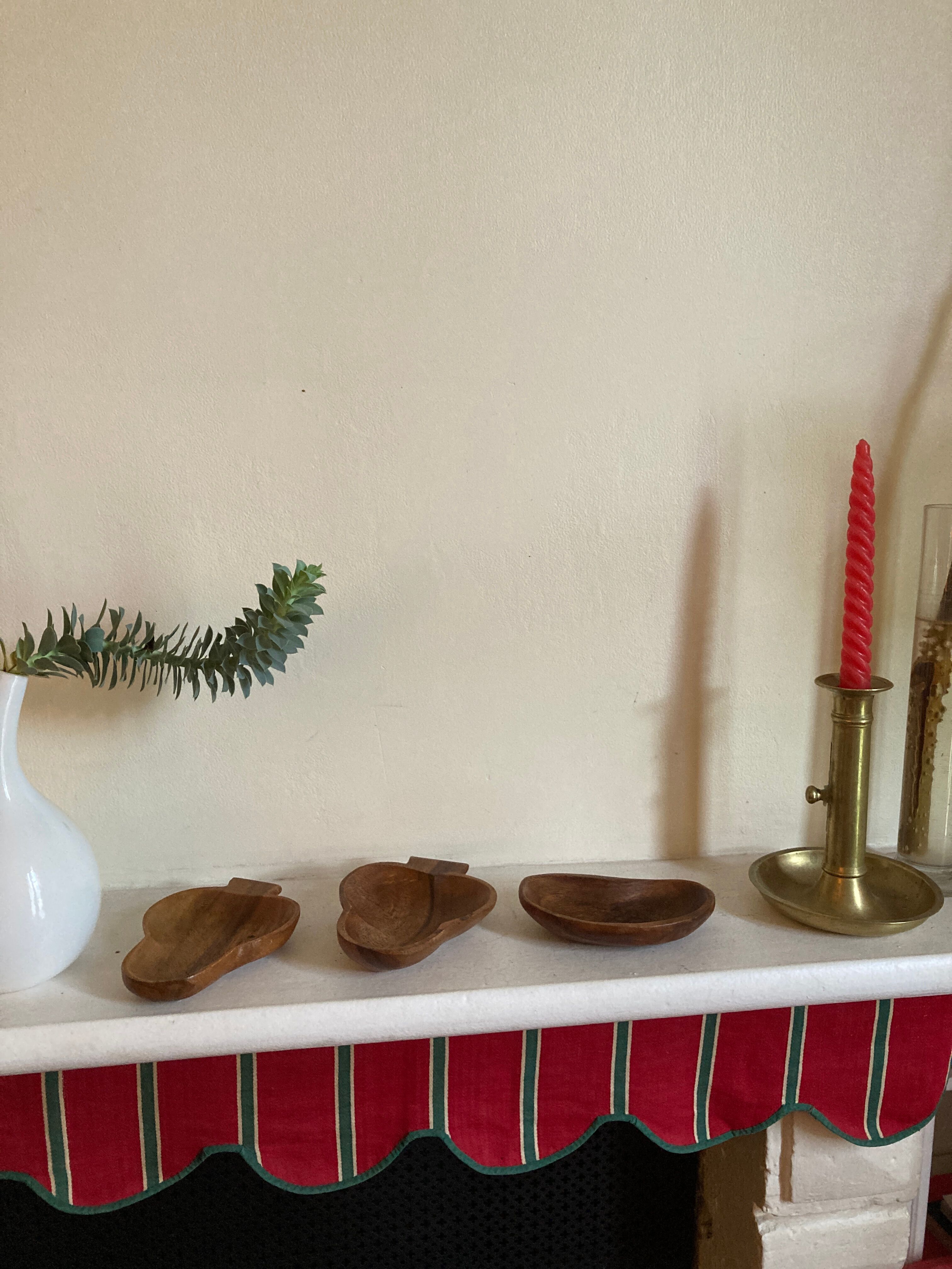 Trio of exotic wooden cups in the shape of beans and vintage clovers