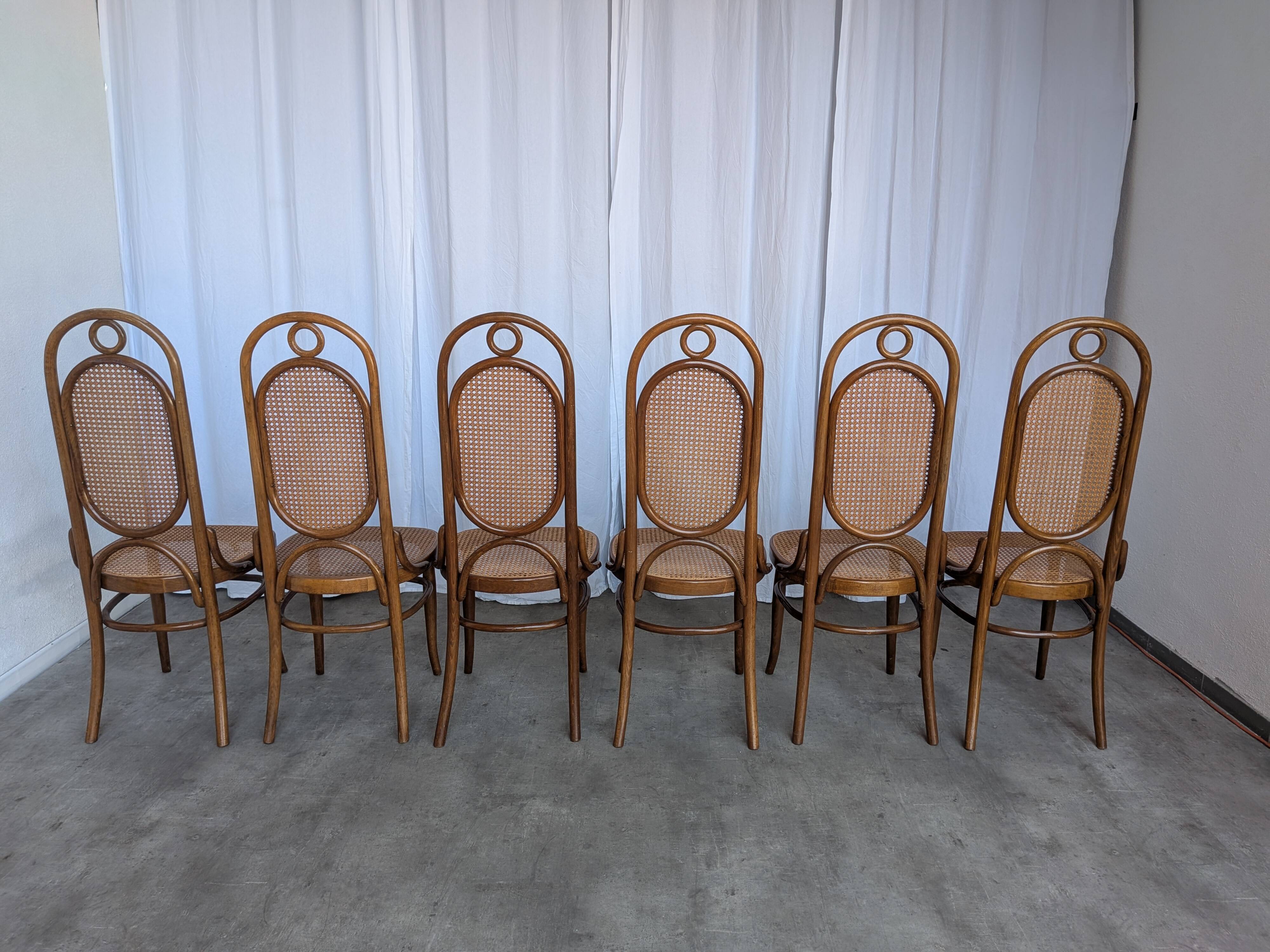 Set of 6 Mid-century Bentwood Cane Dining Chair, Thonet Style, 1970s Yugosl