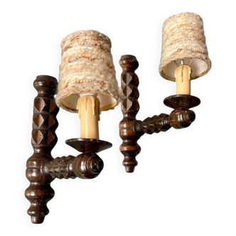 Pair of turned wooden wall lights, France 1940