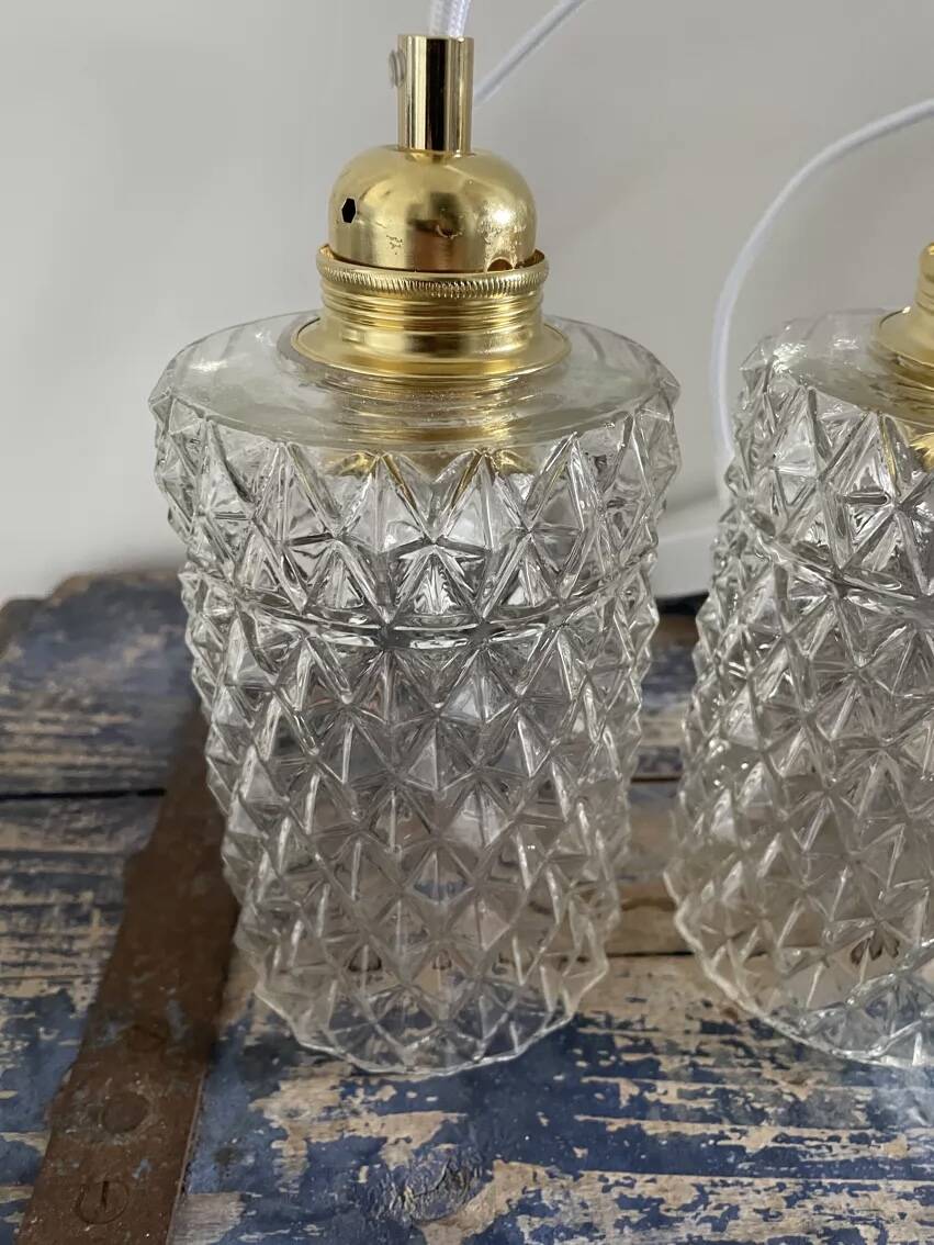 Set of three chiseled glass pendant lights of Scandinavian origin