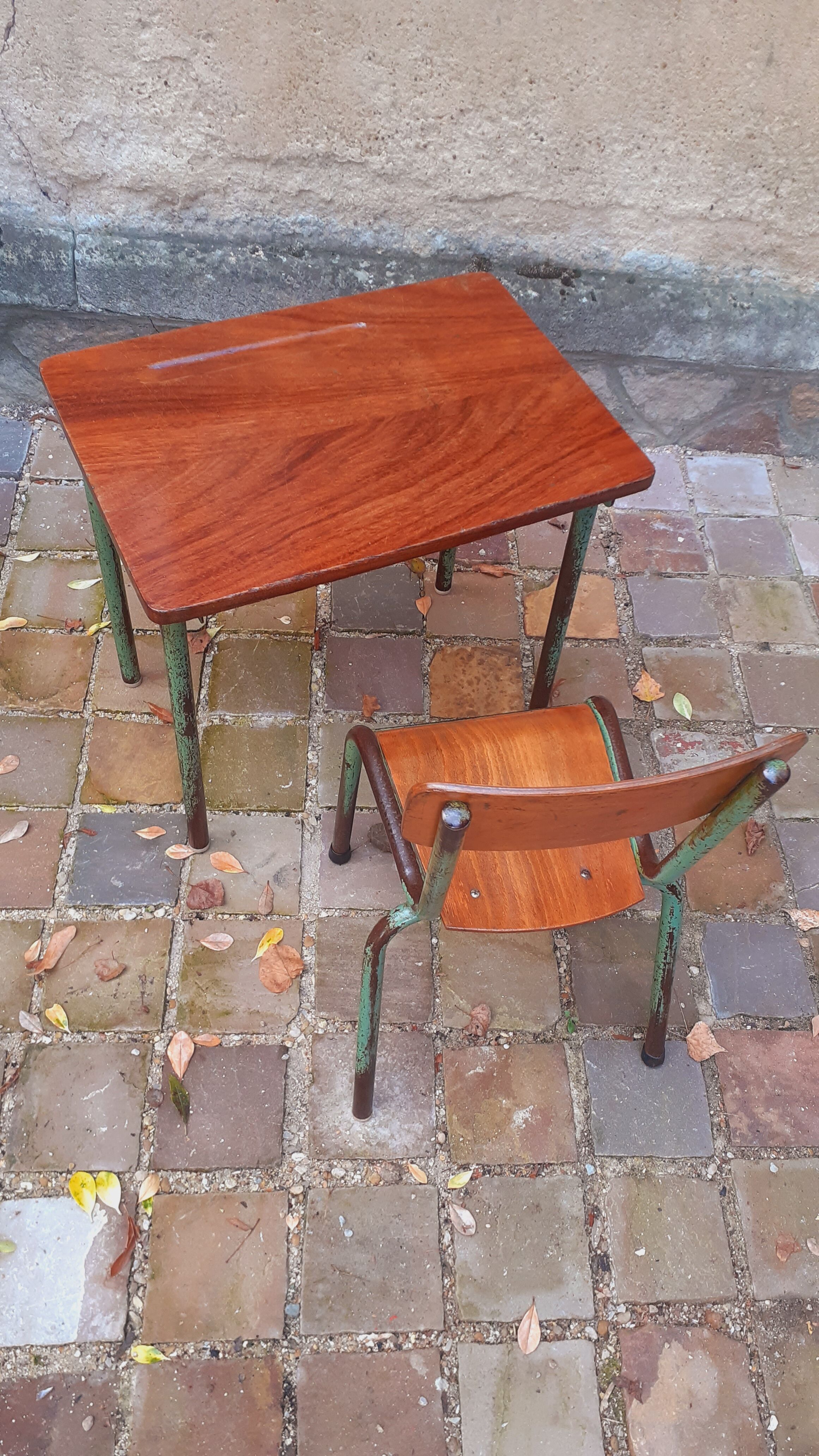 Teak children's desk table and his chair, vintage 50s/60s