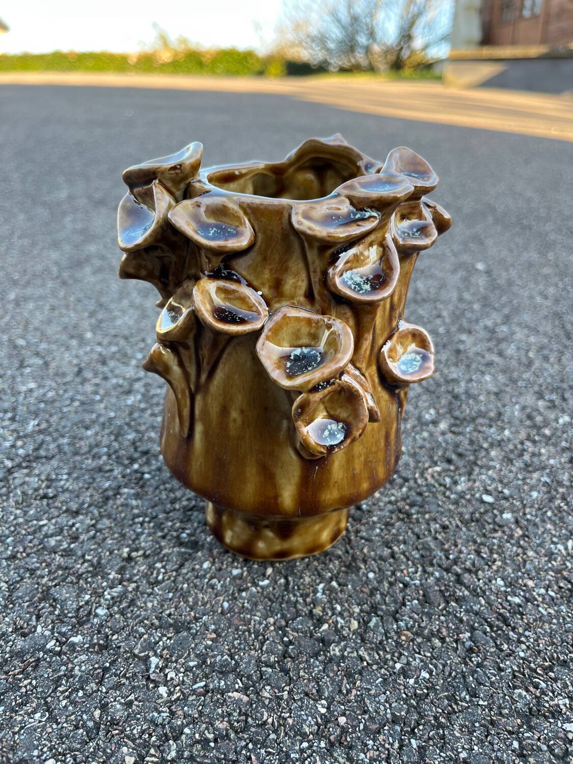 Vintage ceramic vase with mushroom relief decoration