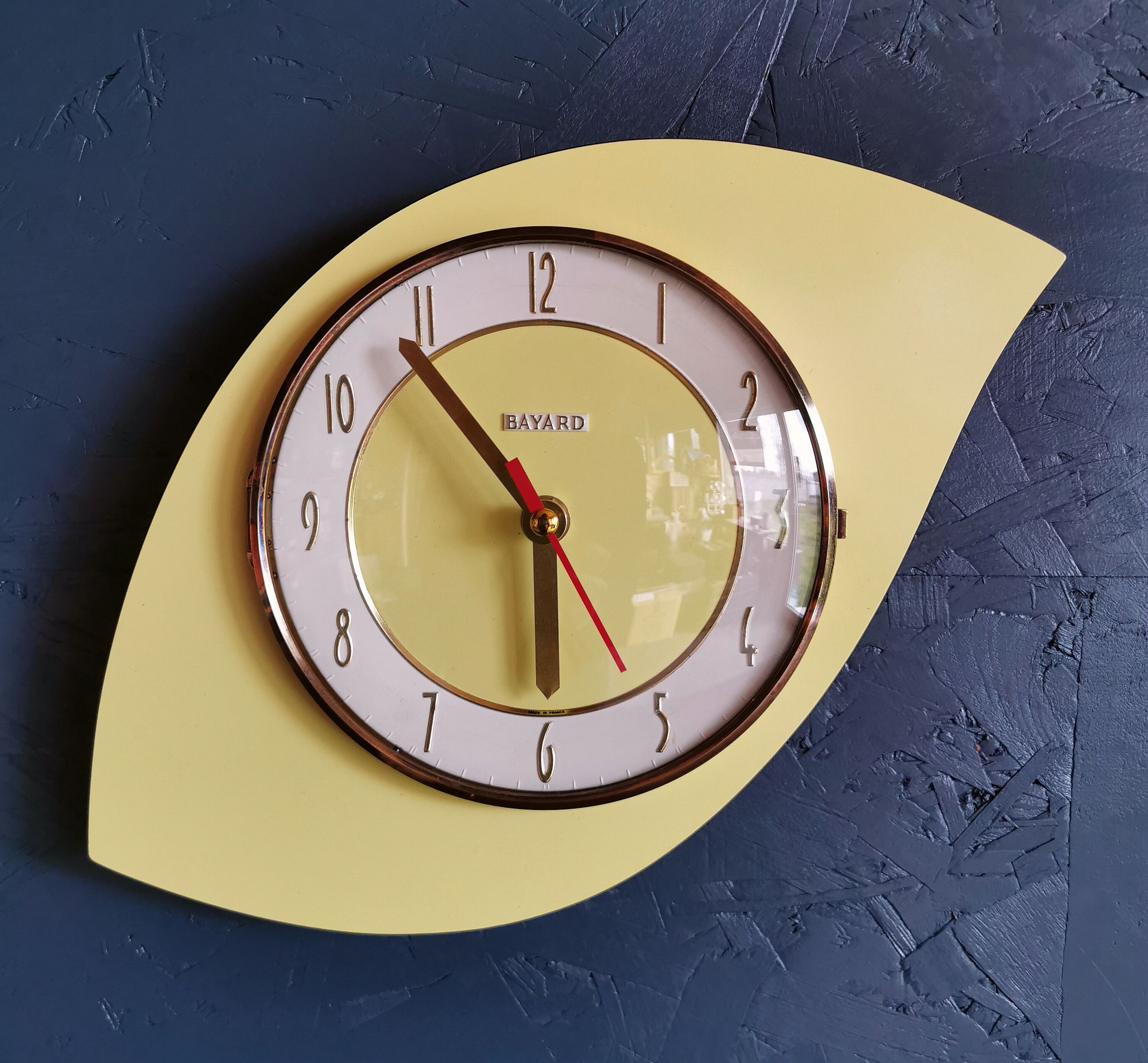 Vintage formica clock asymmetrical silent wall clock "Bayard yellow"