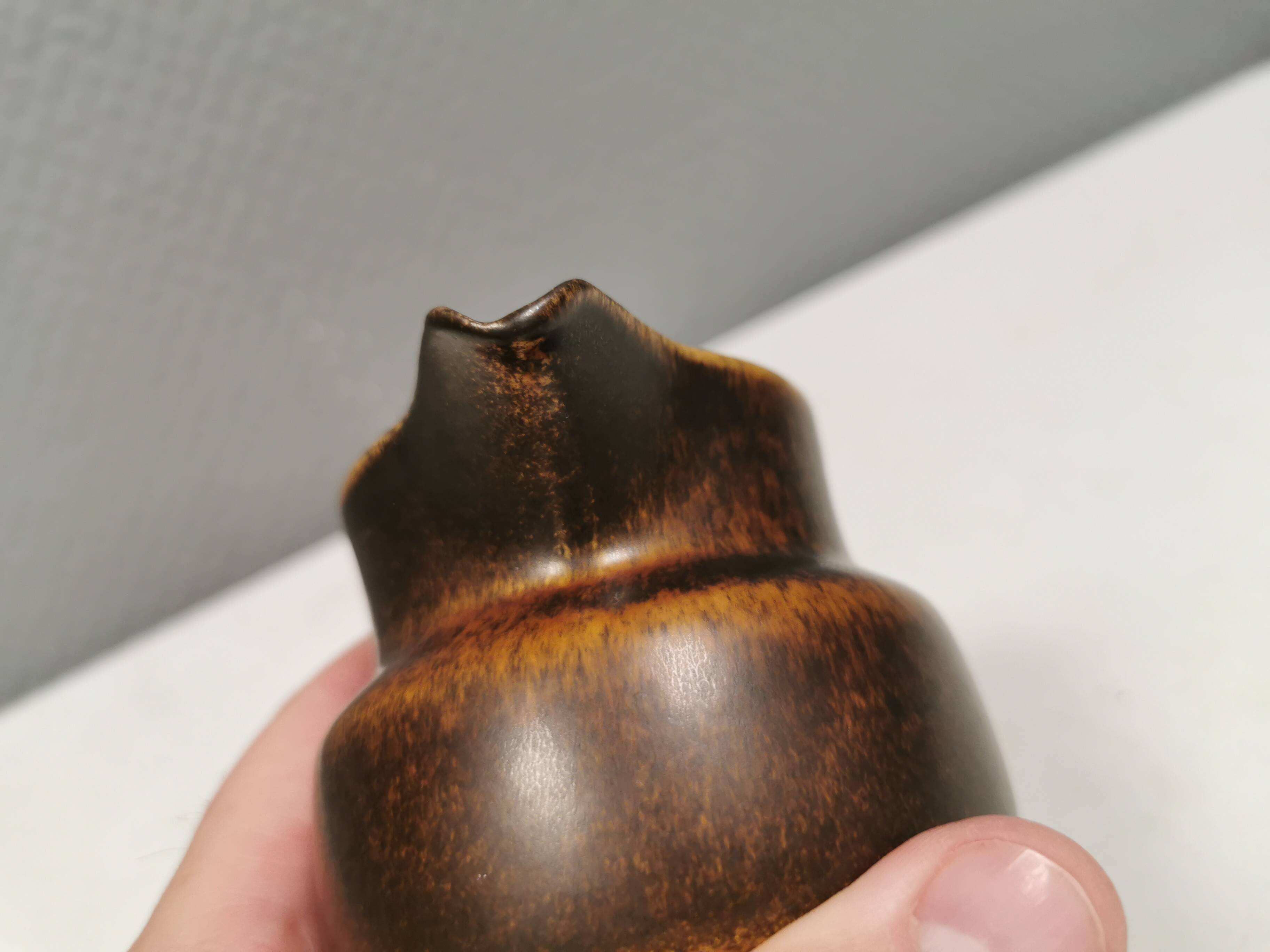 Very nice cream jug in hare fur glaze, Danish and from the 1970-80s.