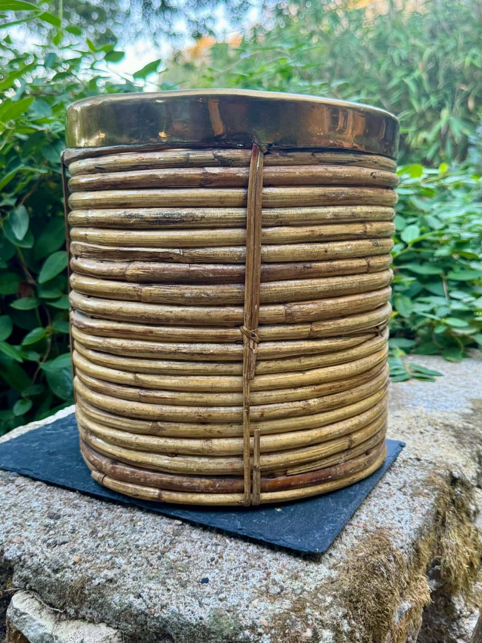 Large rattan basket brass Gabriella Crespi 1960s