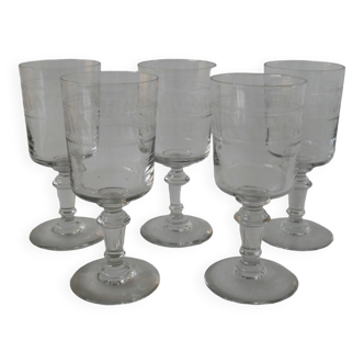 Set of 5 engraved crystal wine glasses from the 30s-40s