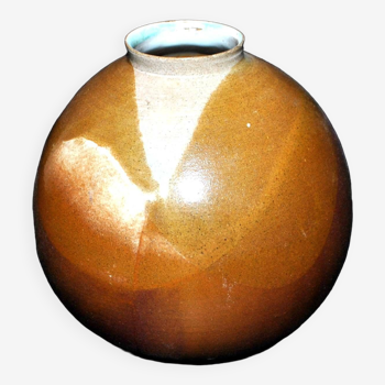 Vintage ball vase in flamed stoneware 1960 - caramel color with blue flow - signed DS