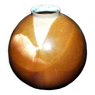 Vase boule vintage en grès flammé 1960 - couleur caramel à coulure bleu - signé DS