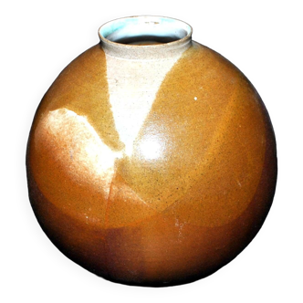 Vintage ball vase in flamed stoneware 1960 - caramel color with blue flow - signed DS