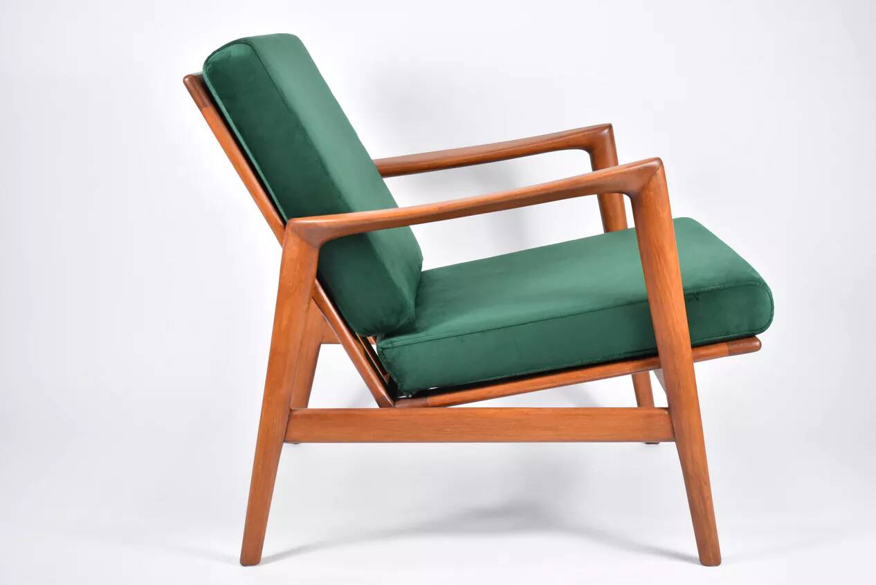 Fauteuil scandinave restauré d'origine, icône des années 60, velour