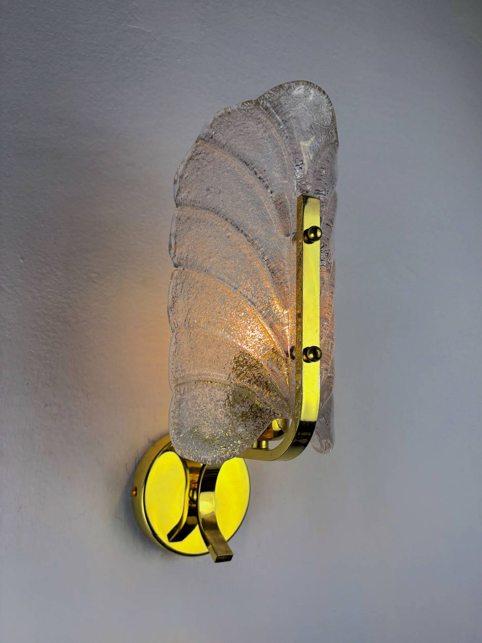 Mid-century frosted leaf sconce, textured Murano glass & gilt details, circa 1960s