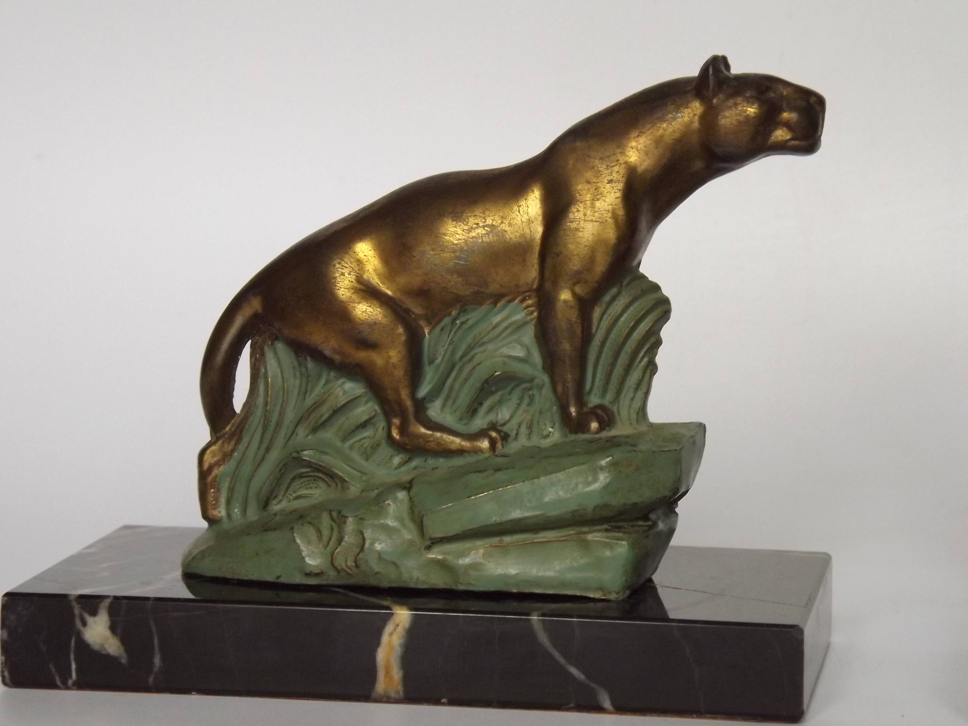 Vintage French Art Deco Panther Book Ends - Marble and Metal Bookends