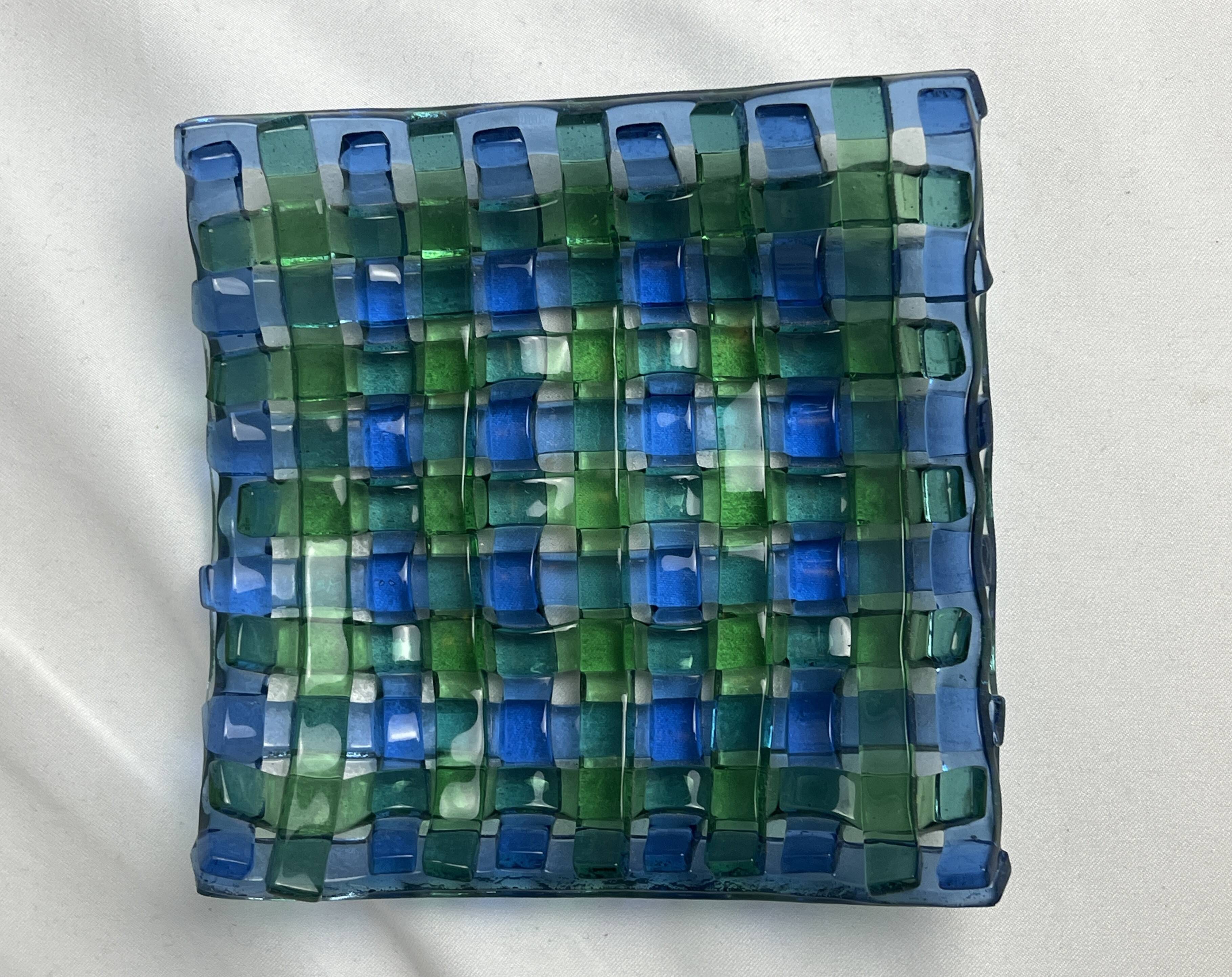 Vintage woven glass vide poche in blue and green, 20th century.
