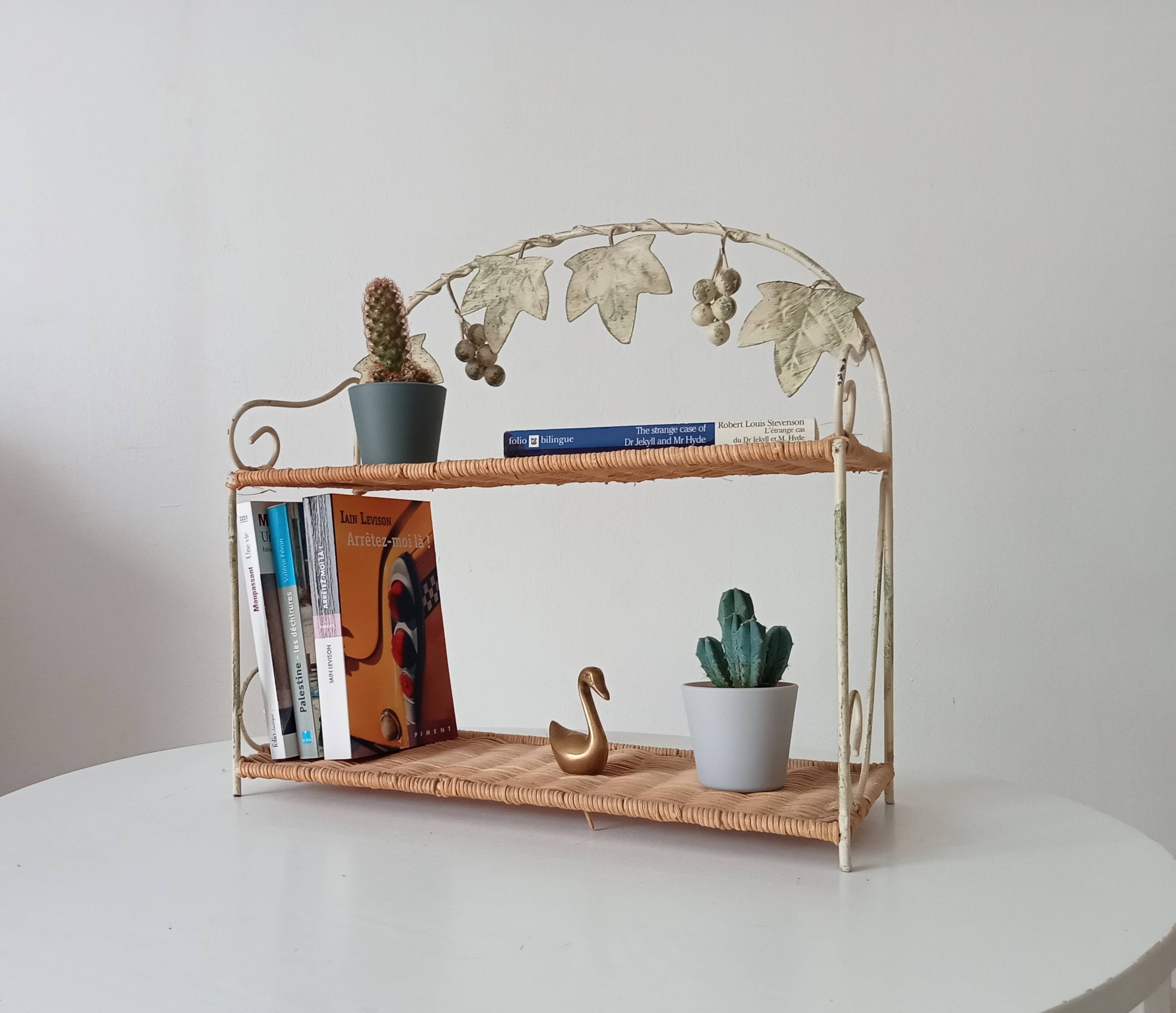 Vintage wall shelf or freestanding wicker in bohemian style.