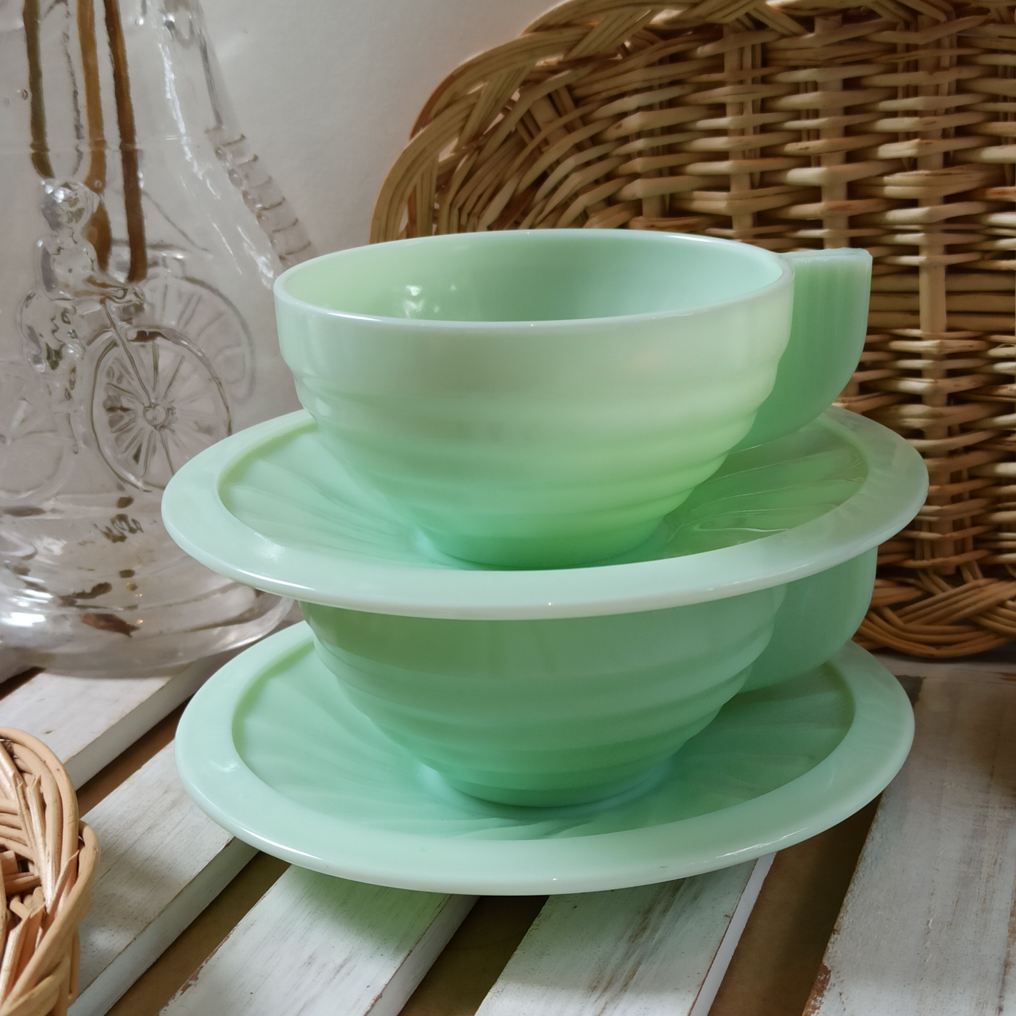 Opaline green art deco jadeite cups