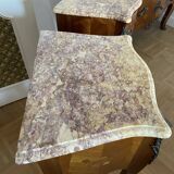 Set of Louis XV style chest of drawers and 2 bedside tables in solid cherry wood with marble tops