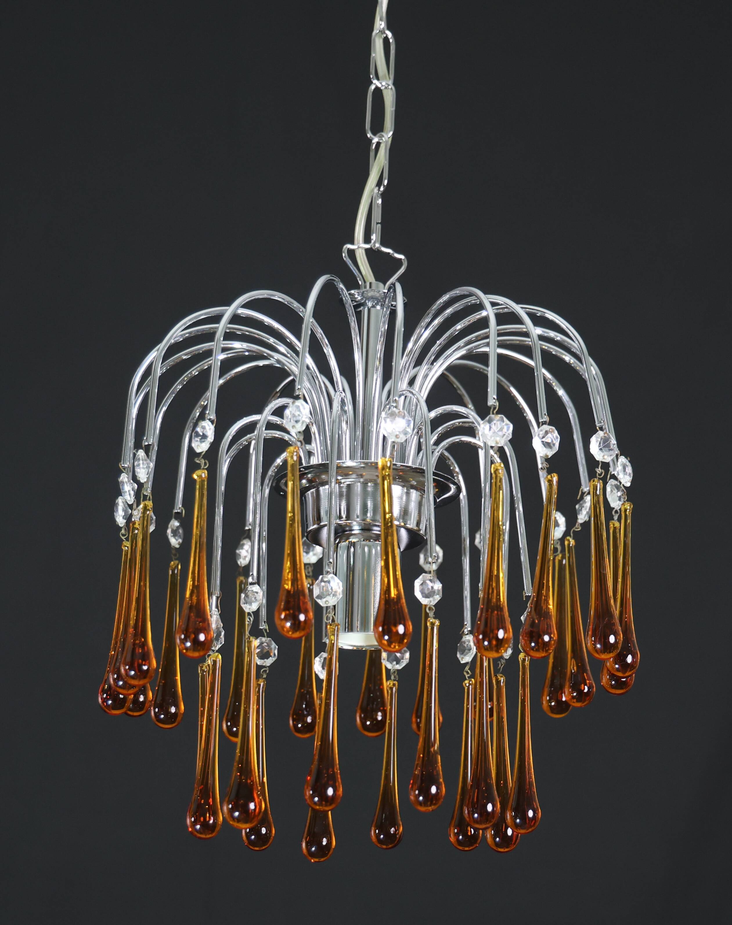 The Amber Crown, Murano Chandelier Amber and Crystal Drops, 1970s