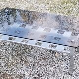 Table basse design en acier brossé plateau en verre fumé 1970