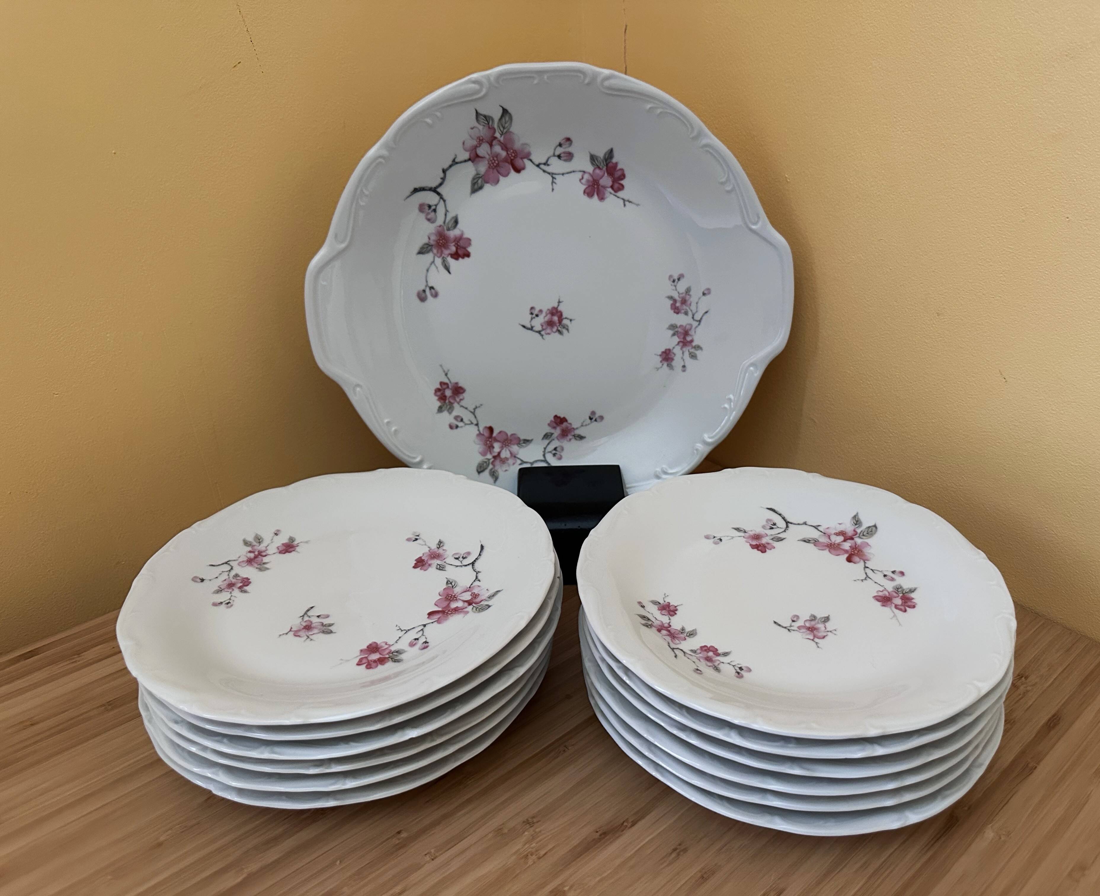 12 plates and 1 serving dish, white porcelain with apple blossom patterns.