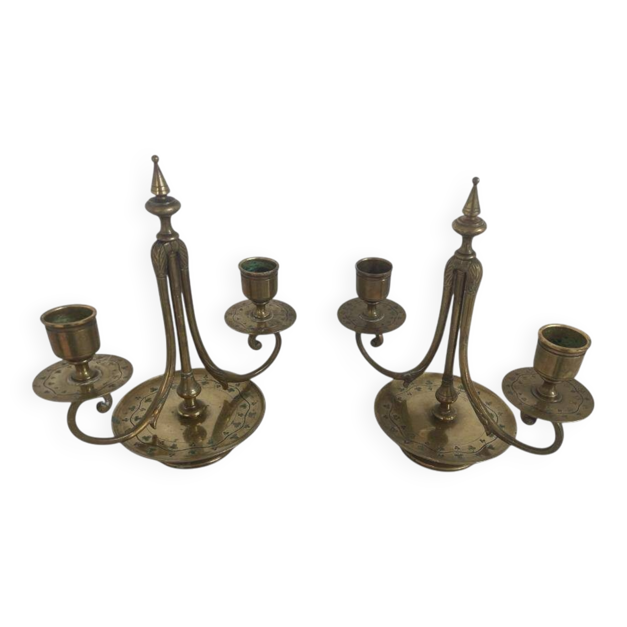 Pair of candlesticks, gilded and enamelled brass, Art Nouveau, early 20th century