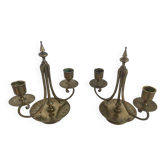 Paire de bougeoirs, laiton doré et émaillé, Art Nouveau, début XXème siècle