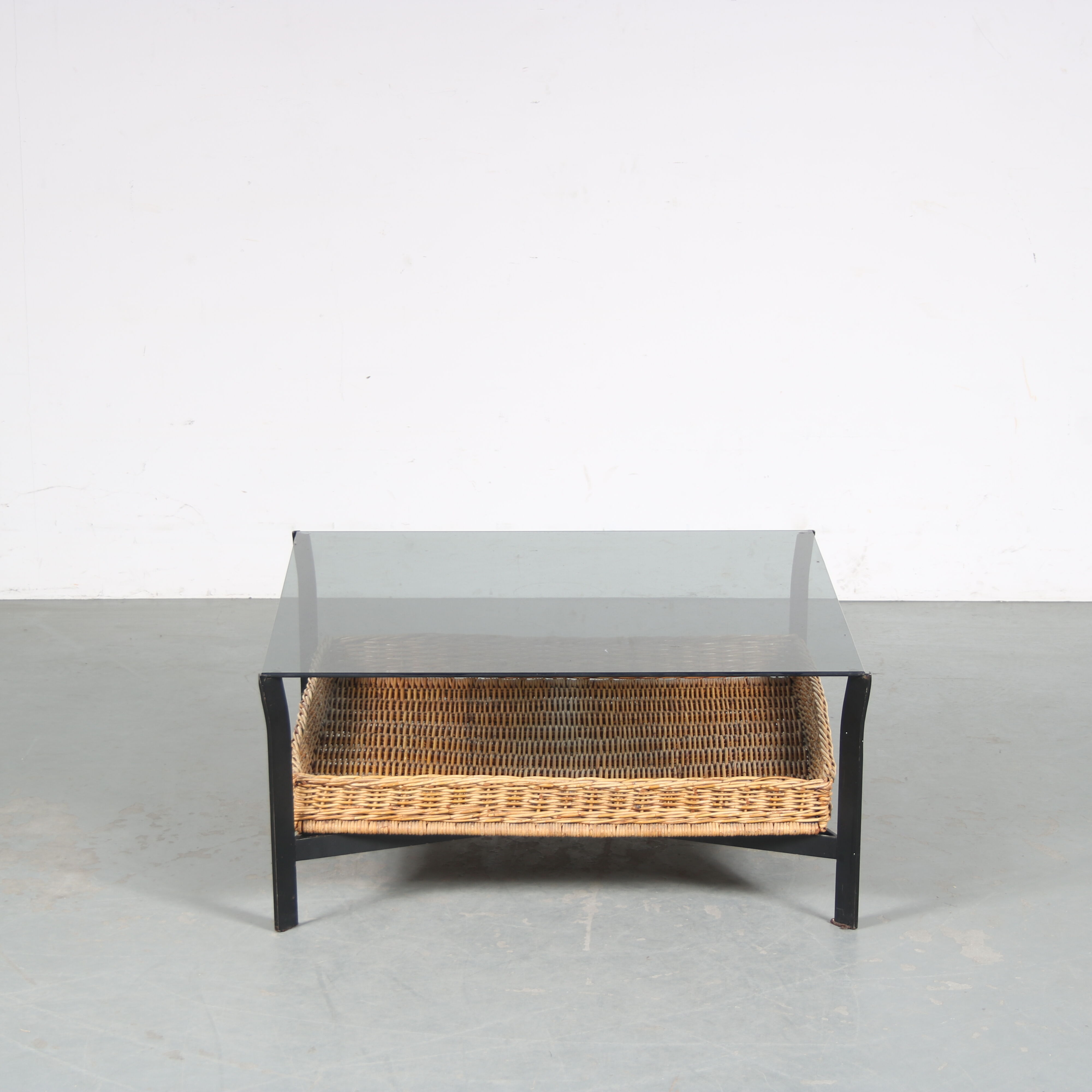 1960s Coffee table with wicker and smoked glass, Netherlands