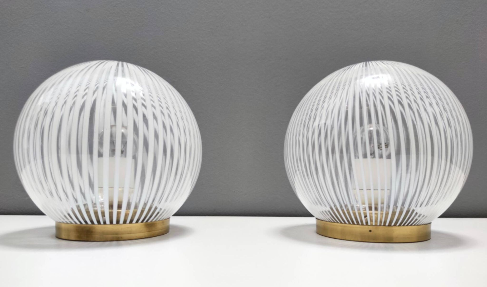 Pair of Vintage Spheric Murano Glass and Brass Table Lamps by Venini, Italy
