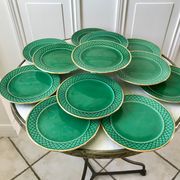 dessert service 12 dessert plates and a green and golden Art Deco cake dish 40s