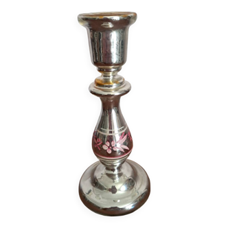 Antique aglomized mercury glass candlestick holder