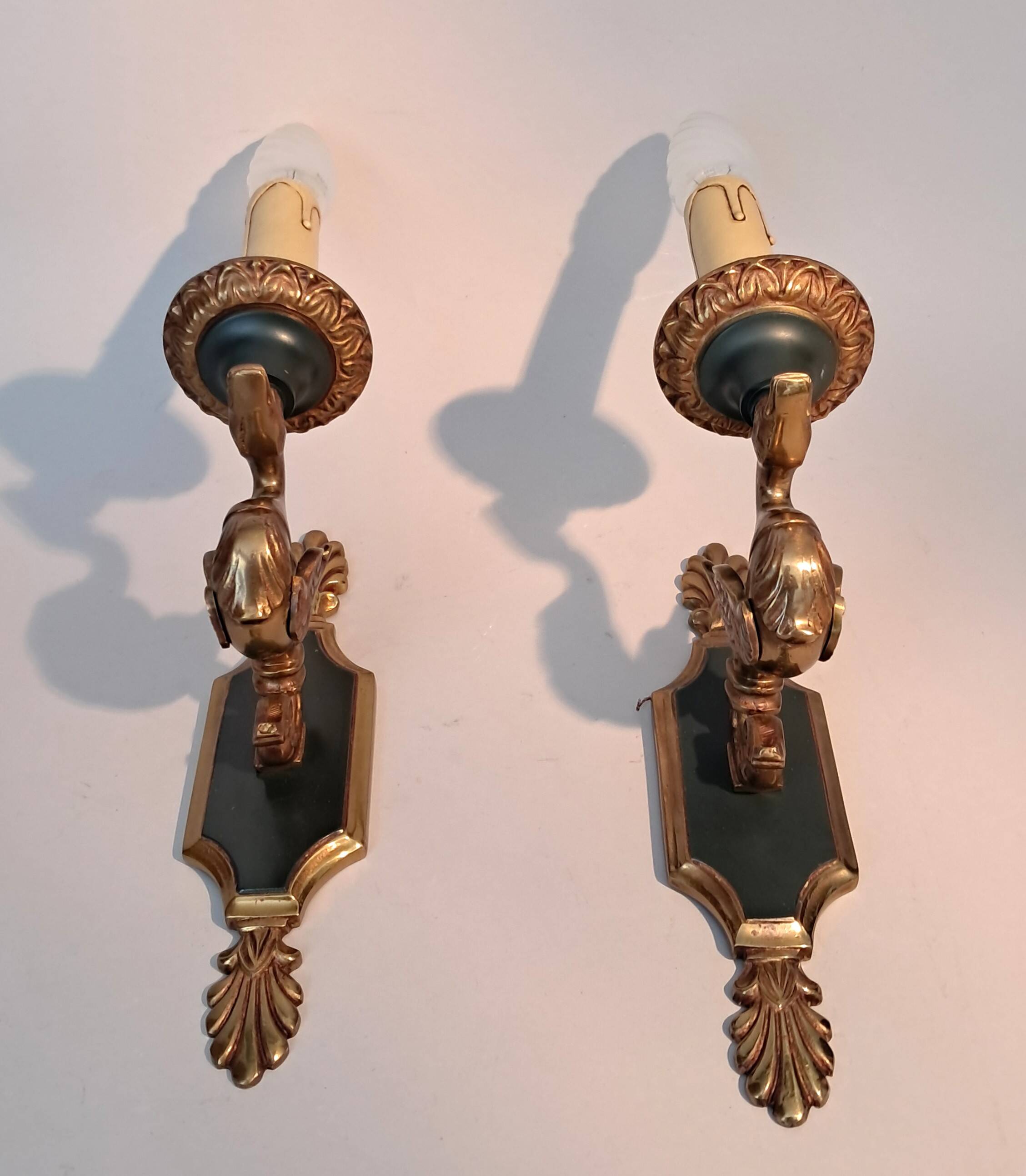 Pair of gilt bronze wall sconces by Maison Lucien Gau, Paris. Circa 1960.