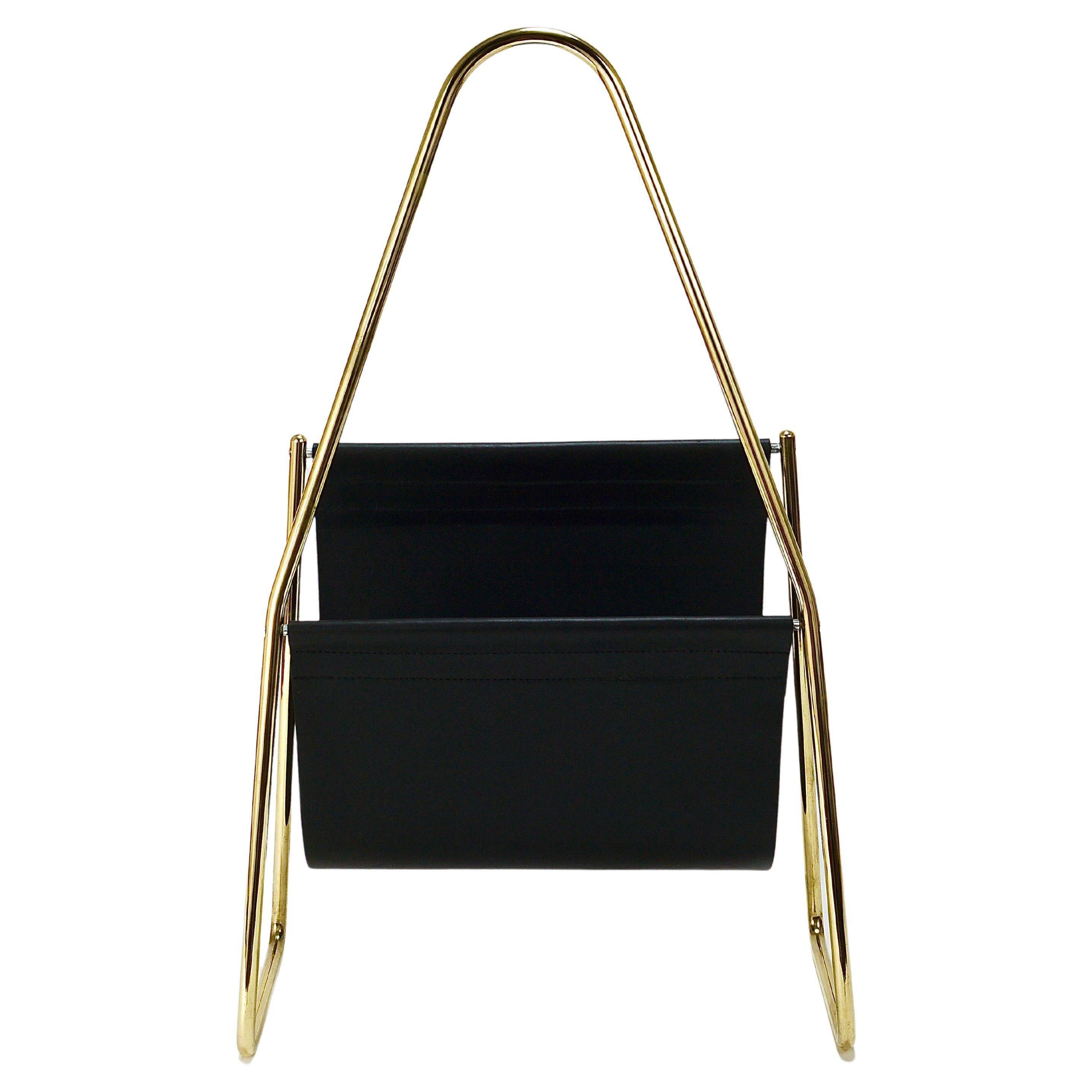 Carl Auböck II Midcentury magazine rack, brass and black leather, vintage, Austria