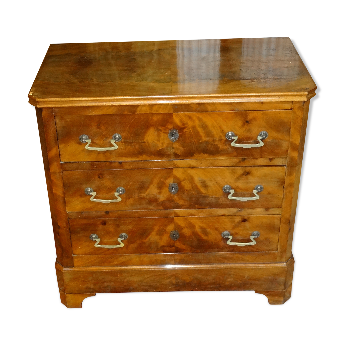 19th century chest of drawers in mahogany veneer, three drawers, 81x80x43 cm