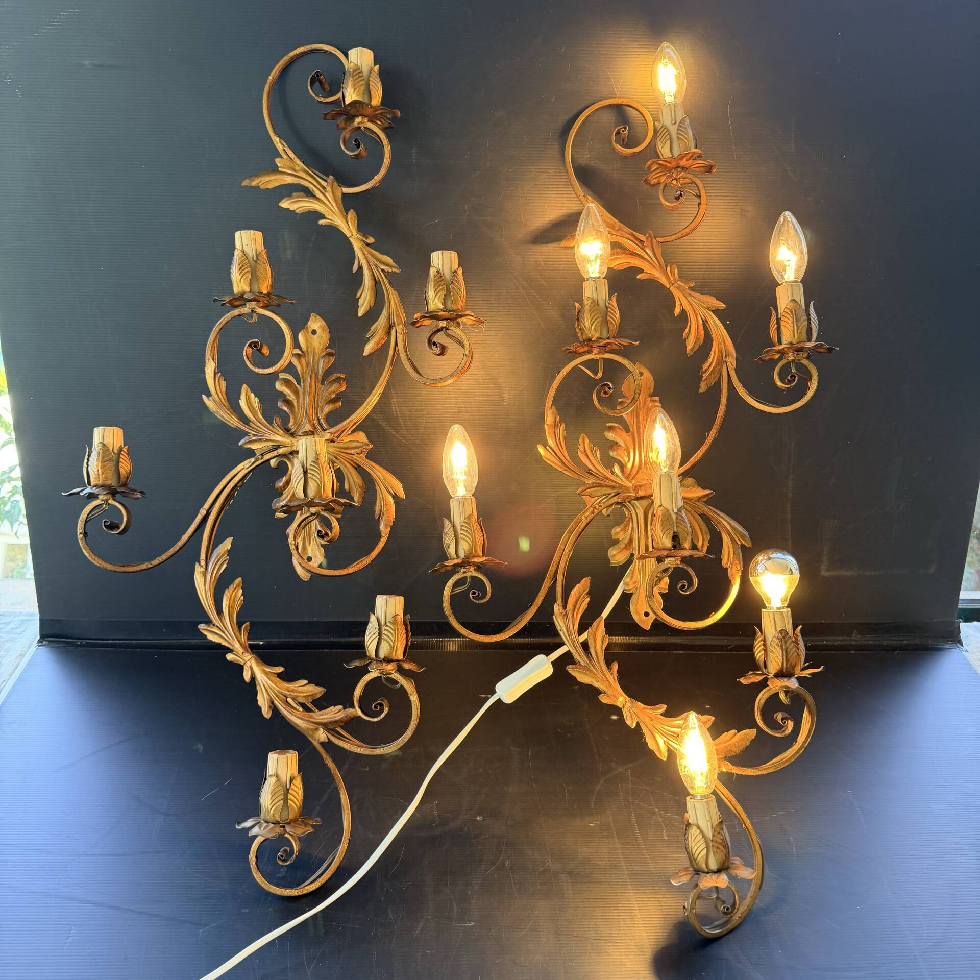 Pair of Golden Florentine Wall Lights 1950s 1960s Hollywood Regency 7 Lights