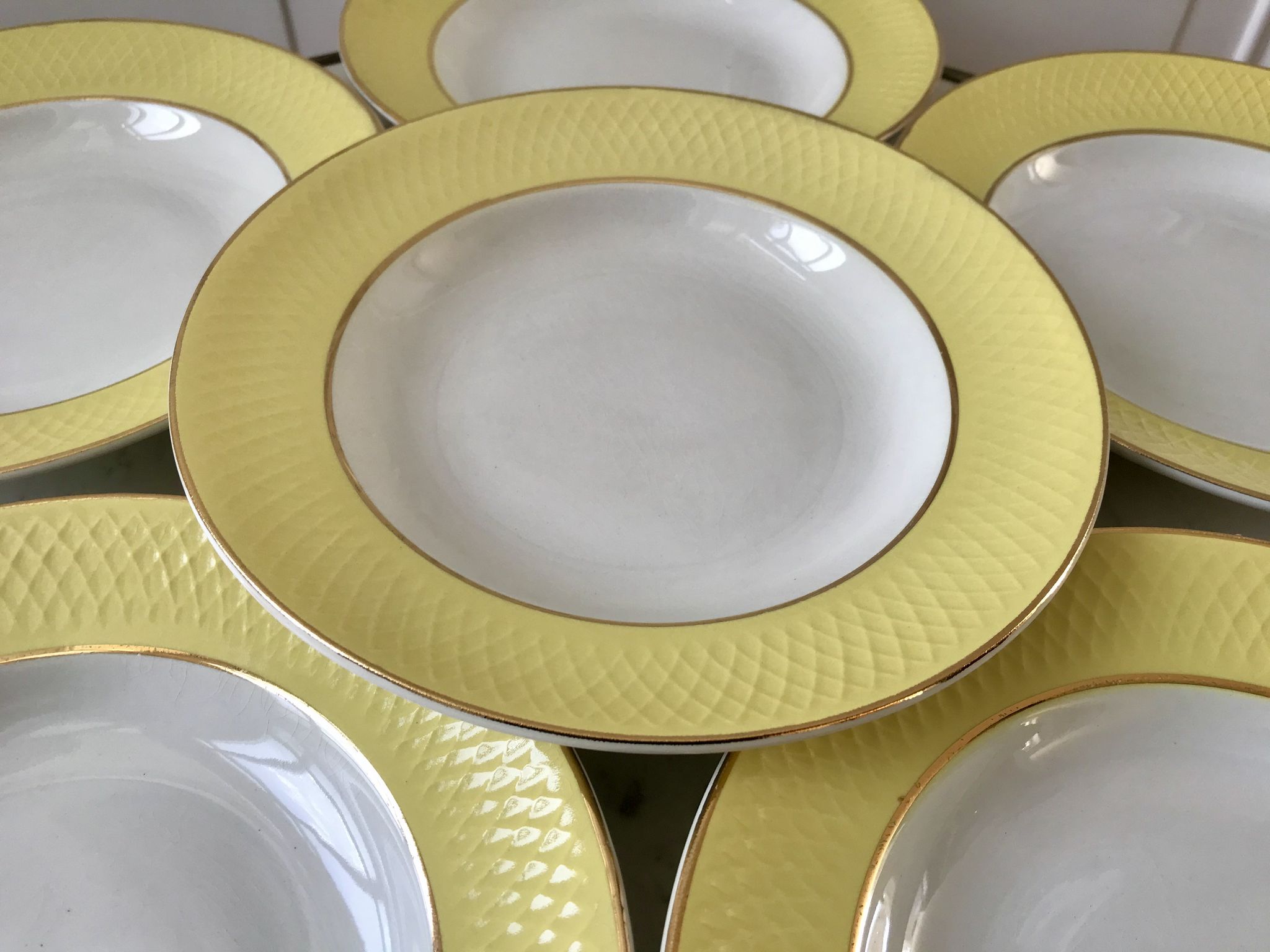 lot of 6 hollow plates Moulin des Loups textured canary yellow 50s
