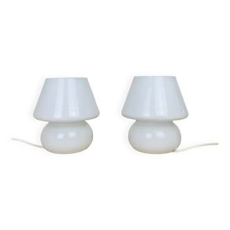 Pair of white opaline mushroom lamps
