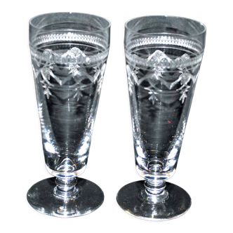 Set of 2 old crystal flutes engraved with acid - guilloché decoration Portieux? Pantogravure