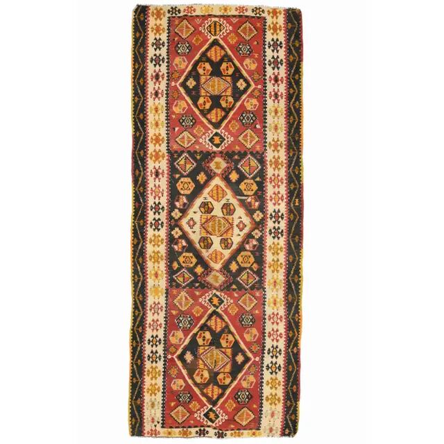 1970s Turkish Oushak Handmade Wool Cotton Red Runner 127x321