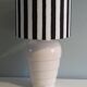 Vintage Ikea table lamp in white ceramic, Memphis style with black and white lampshade.